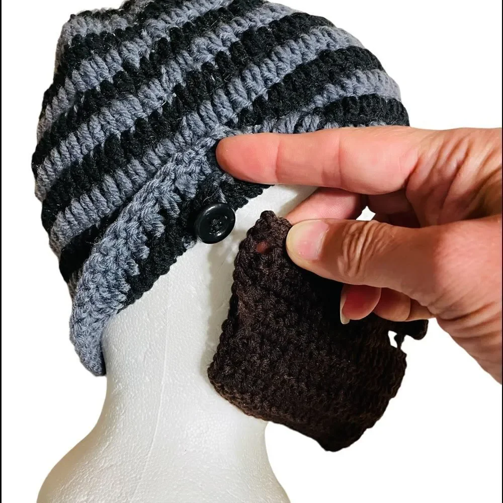 Grey and Black Striped Knitted Balaclava Beanie hat with brown face guard